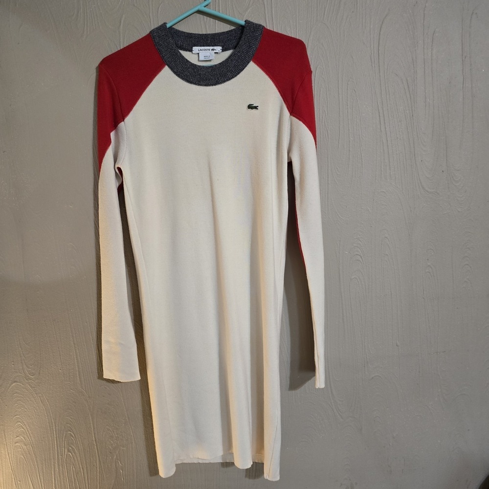 LACOSTE 2 Tone Red &Cream Long Sleeve Merino Wool Sweater Dress Sz 42 M/L US 10
